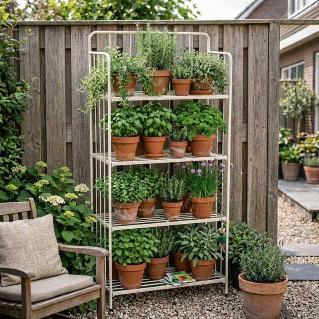 Schutting met een groot rek ervoor gevuld met potten en planten