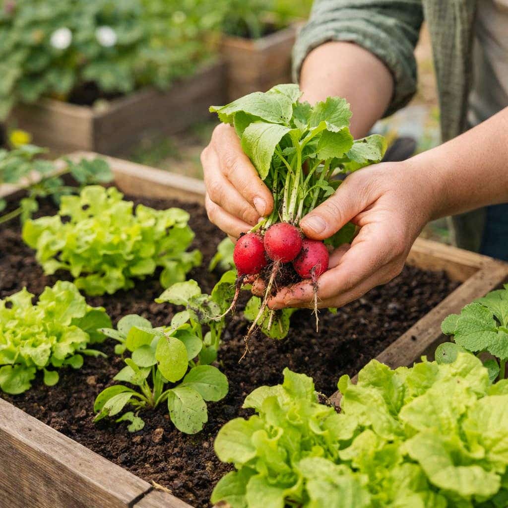 Iemand oogst verse radijs uit een kleine moestuinbak met sla