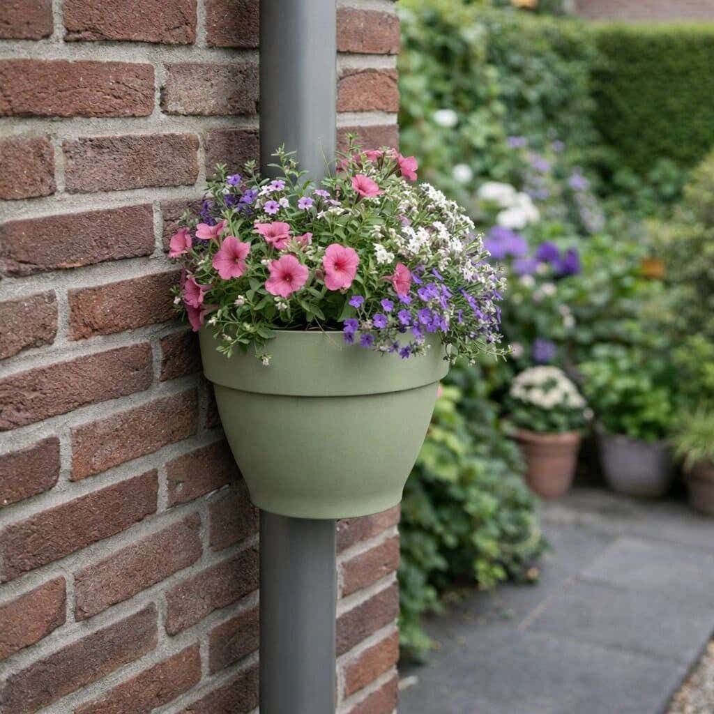 Gedecoreerde buitenmuur met een regenpijpbak met bloemen op de regenpijp
