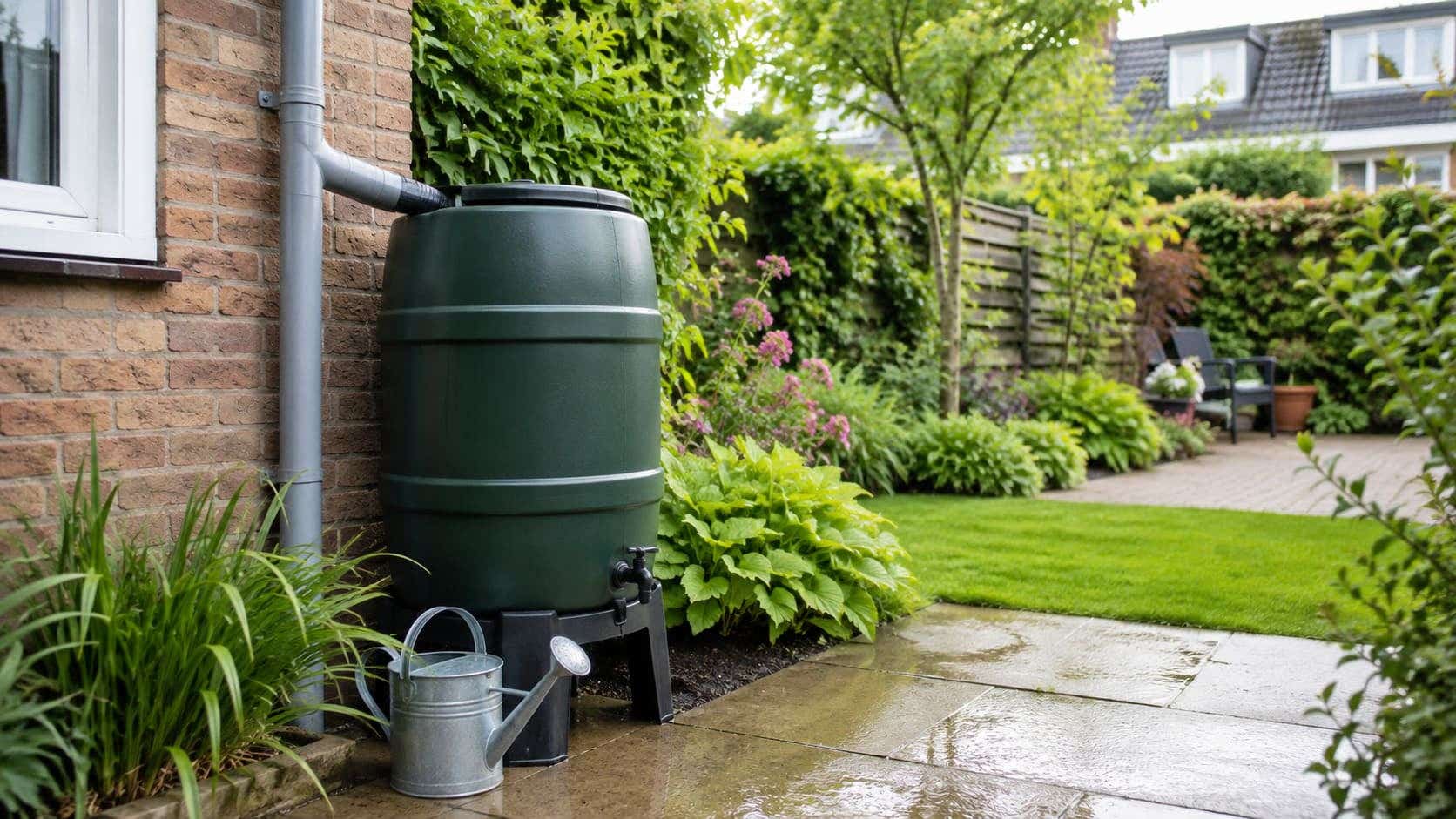 Regenton in de achtertuin verbonden aan de regenpijp