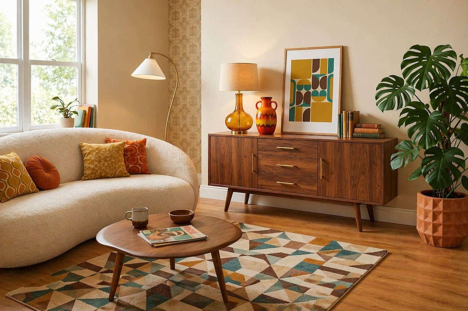 Woonkamer met retro meubelen en retro accessoires