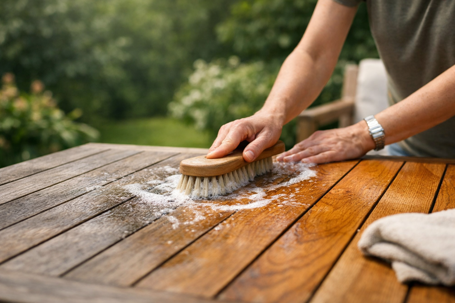 Persoon die houten tuintafel schoonmaakt met borstel