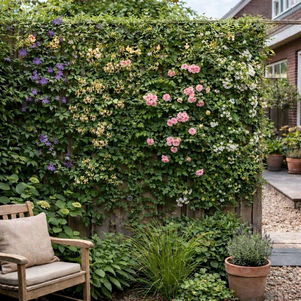 Gedecoreerde schutting met klimplanten over de gehele schutting