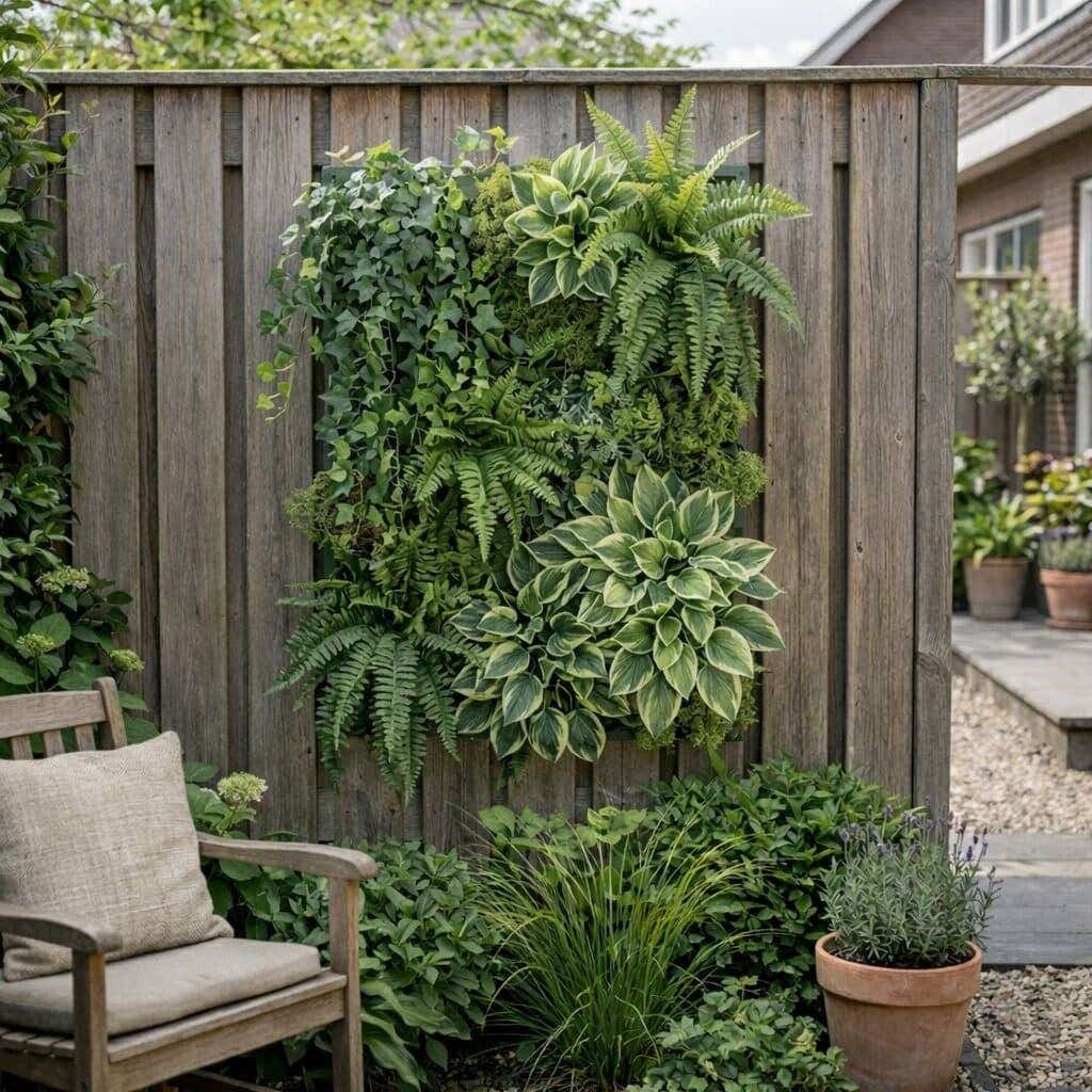 Gedecoreerde schutting met een groot vlak kunstplanten