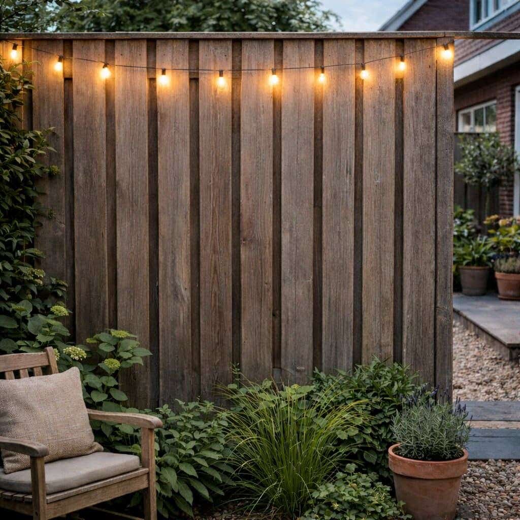 Gedecoreerde schutting met een lichtslinger