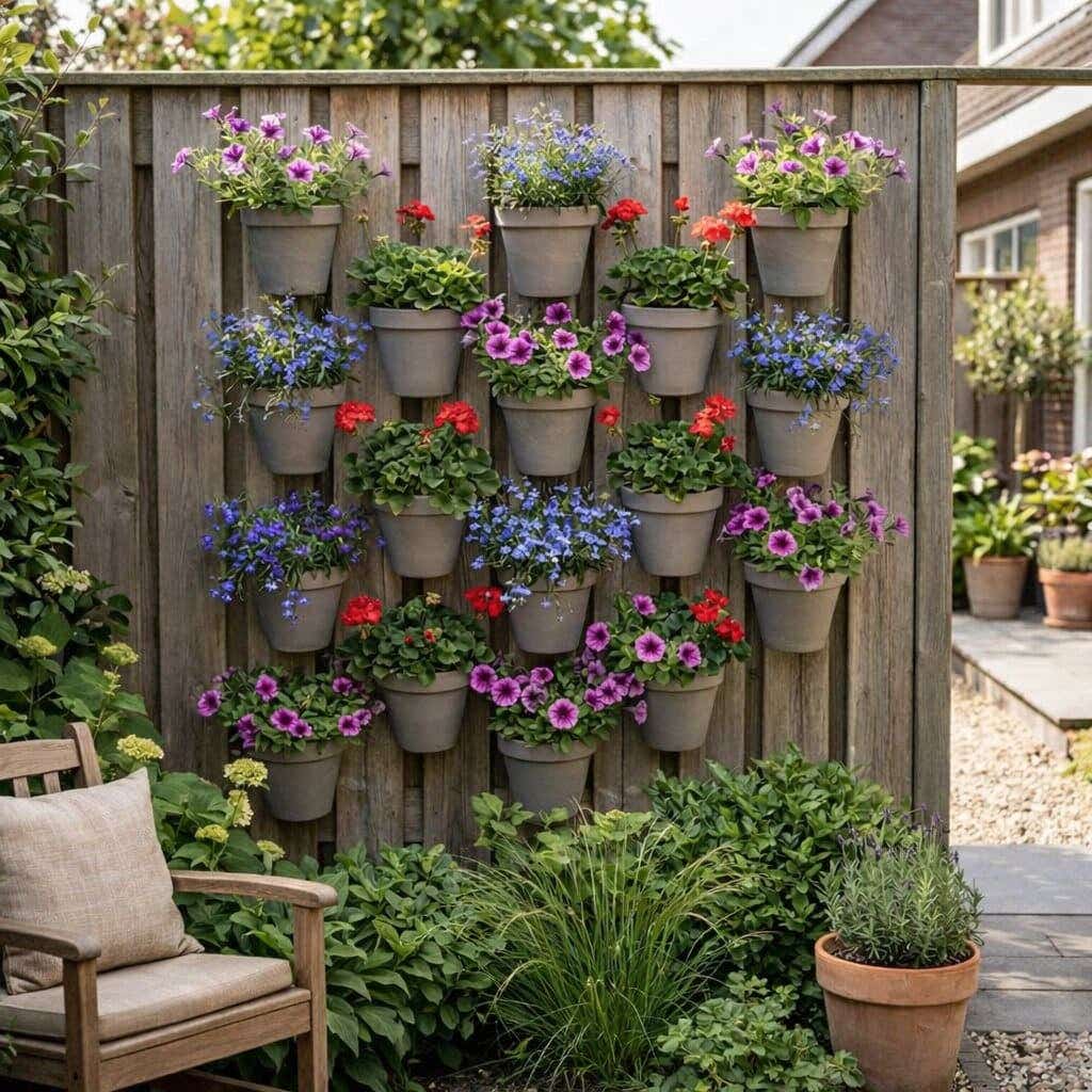 Gedecoreerde schutting met diverse bloempotten met kleurrijke bloemen