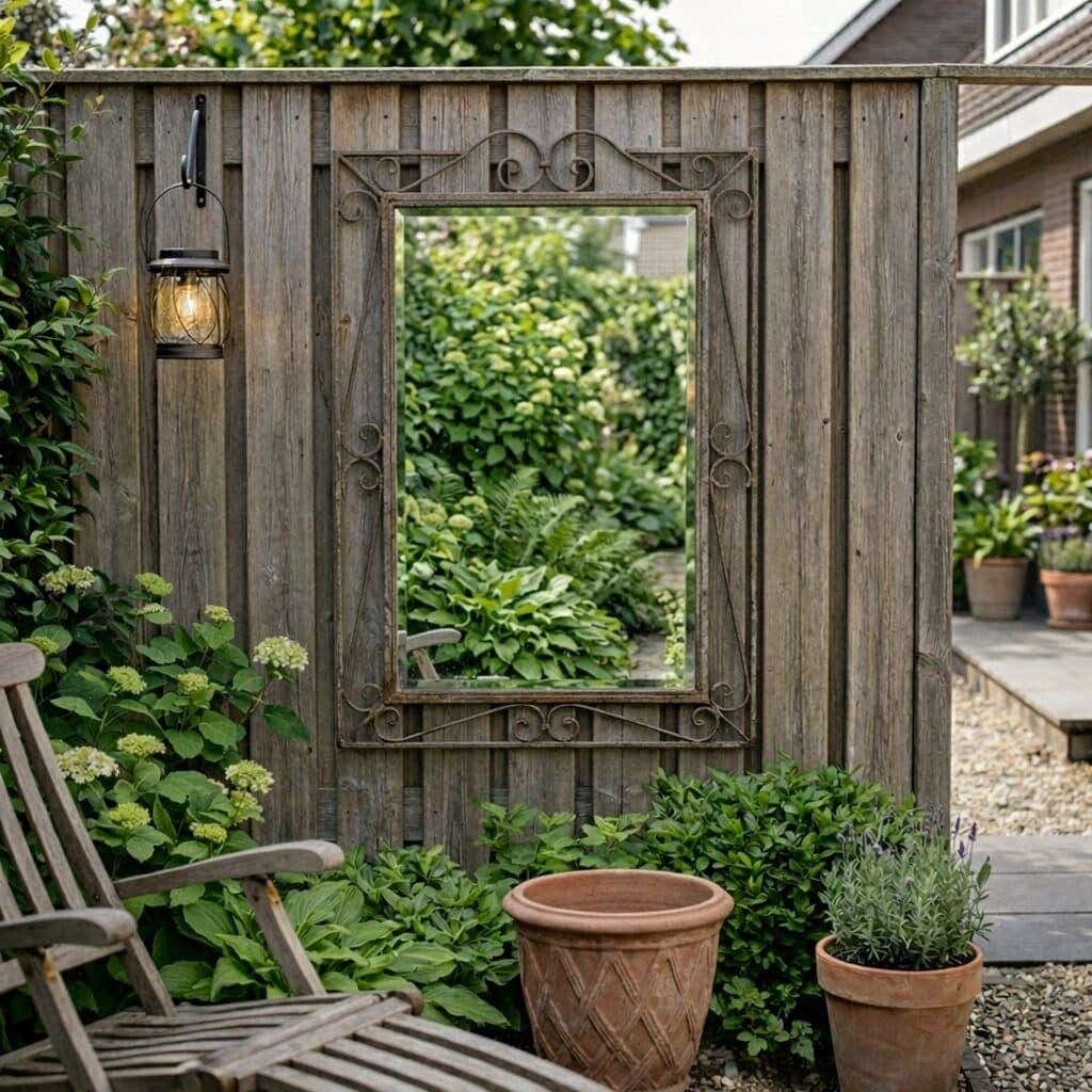 Gedecoreerde schutting met een buitenspiegel