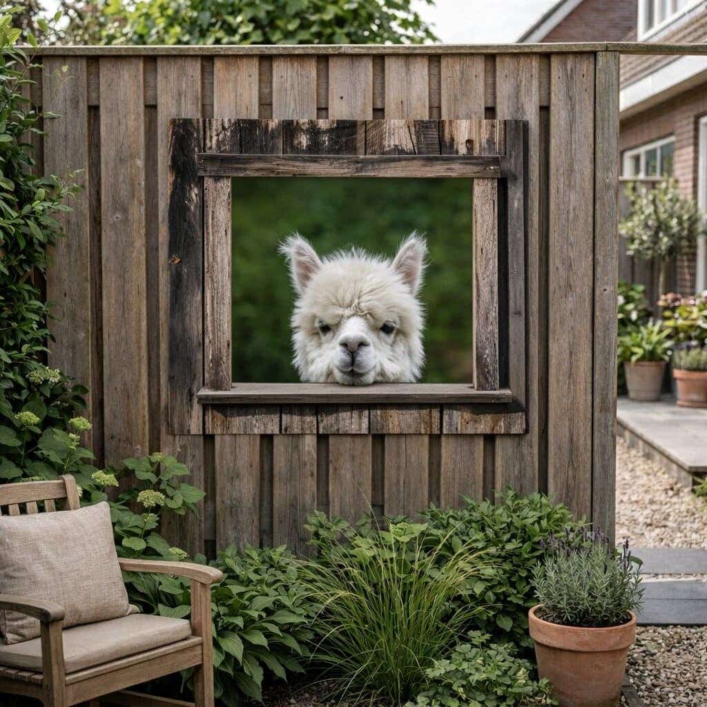 Gedecoreerde schutting met een doorkijk tuinposter met een alpaca