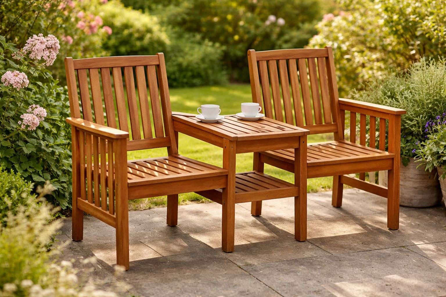 Tete-a-tete tuinbank in sfeervolle tuin