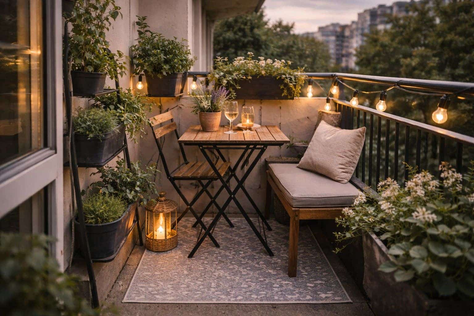 Sfeervol balkon ingericht met knusse tuinset en planten