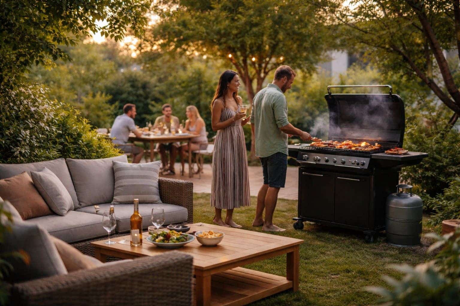 Gezellige achtertuin met grote barbecue en mensen