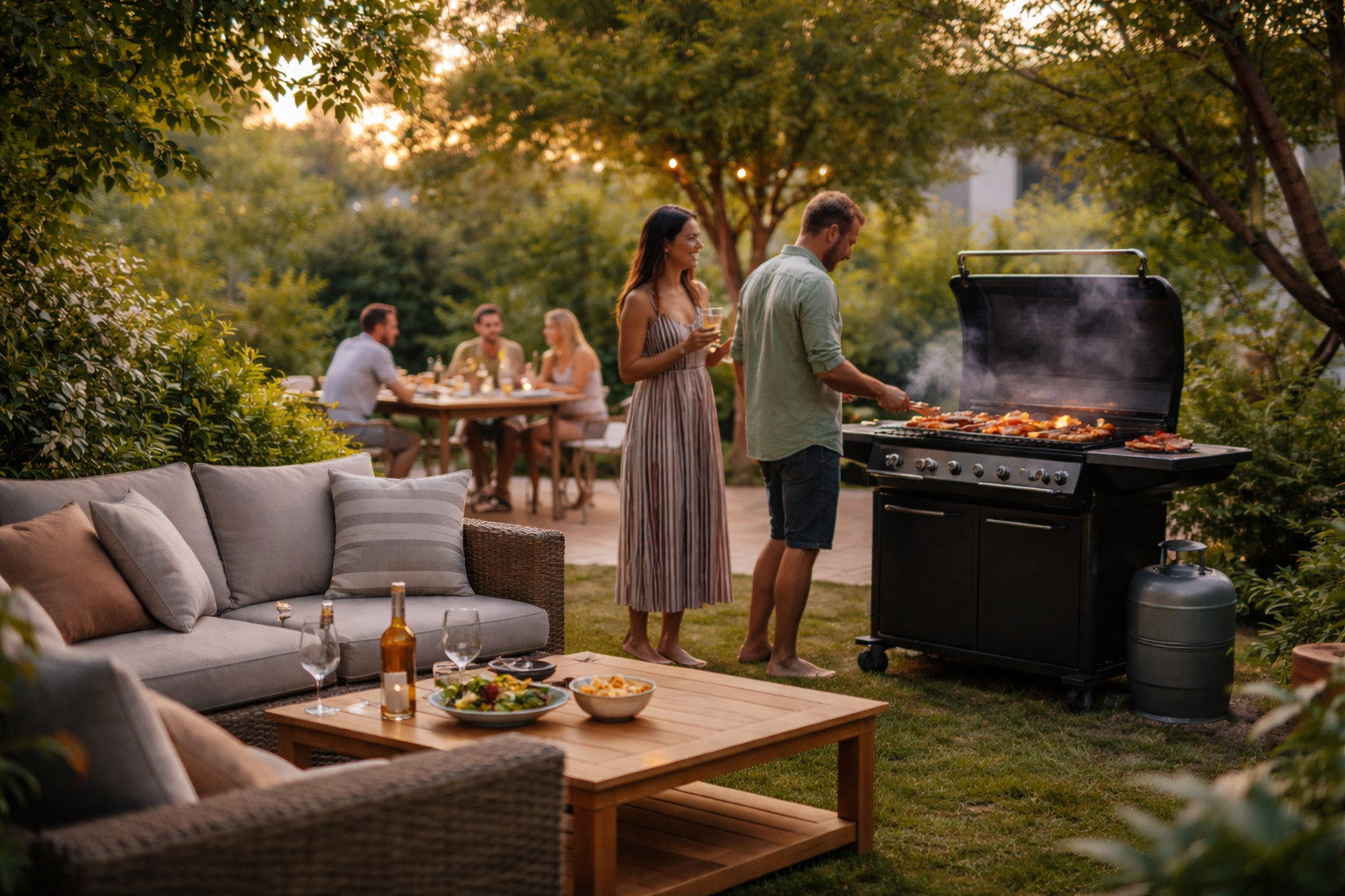 Gezellige achtertuin met grote barbecue en mensen