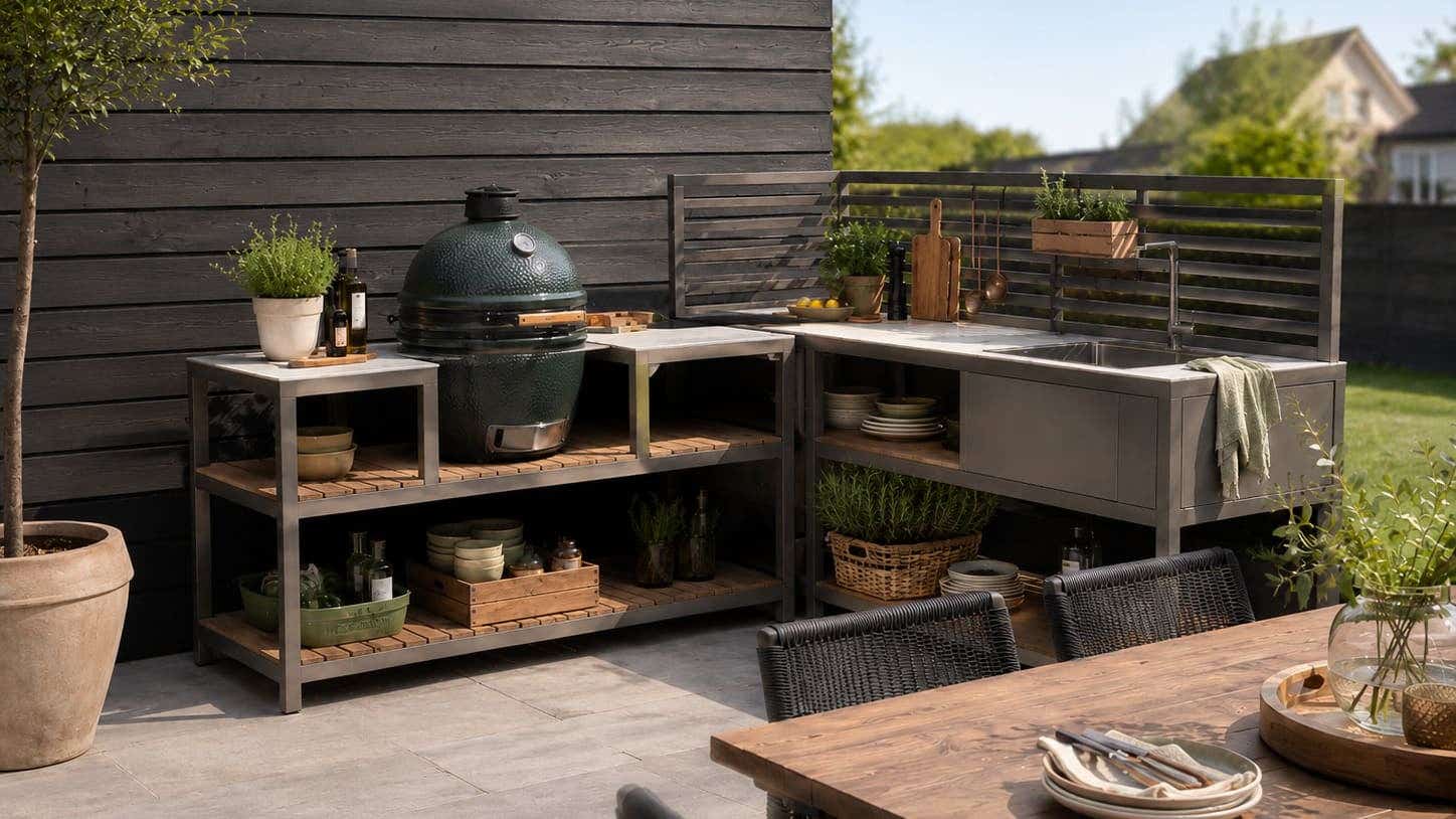 buitenkeuken met BBQ, werkruimte en sfeervolle tuininrichting