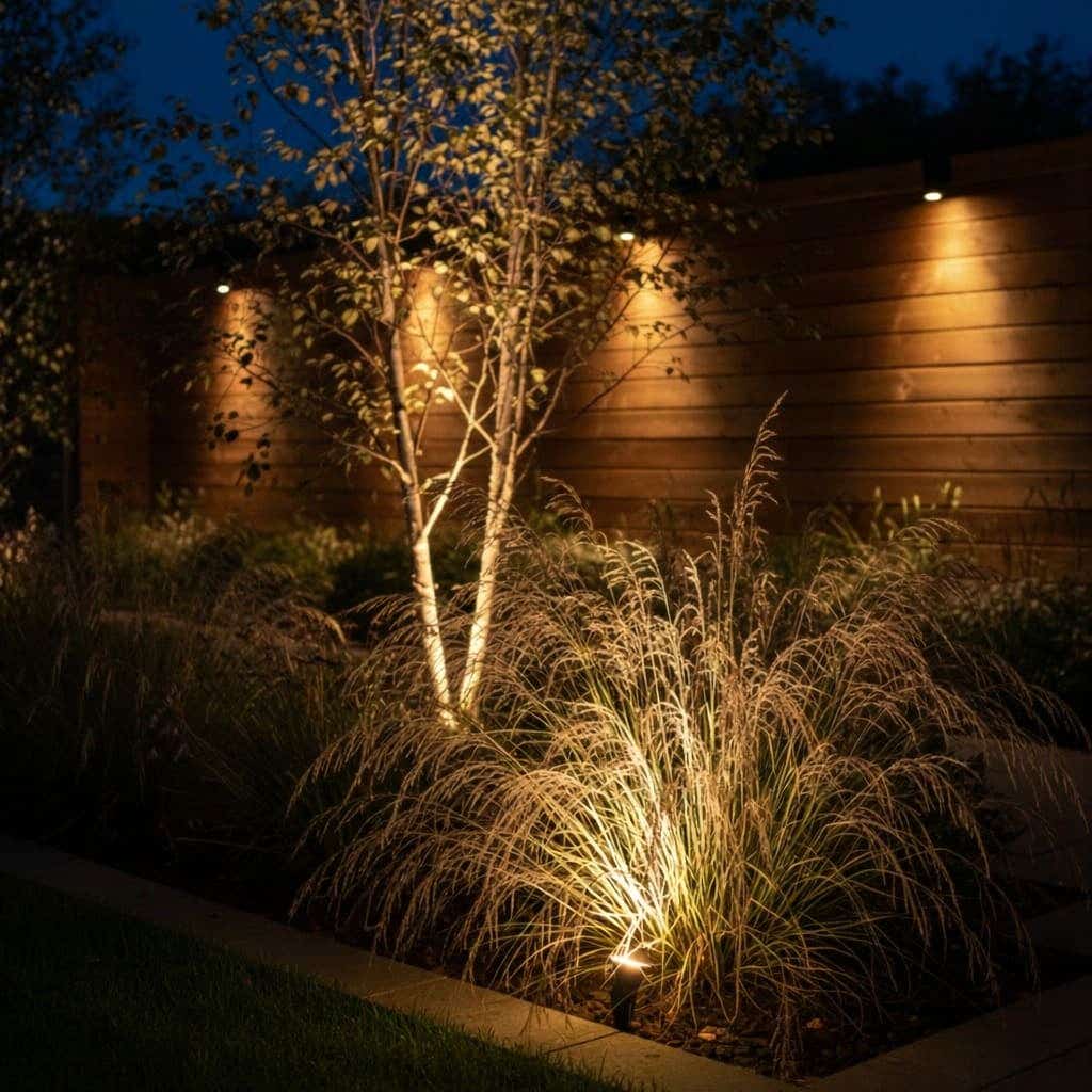 Siergras verlicht met tuinlamp