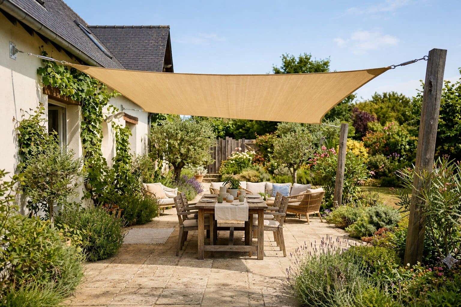 Sfeervol terras met schaduwdoek bevestigd aan de gevel en palen