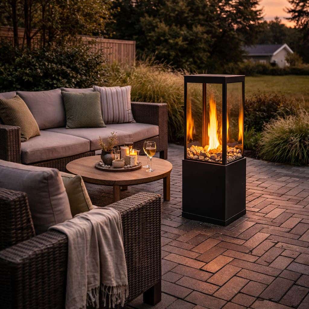 Achtertuin met gaslantaarn in sfeervolle tuinsetting