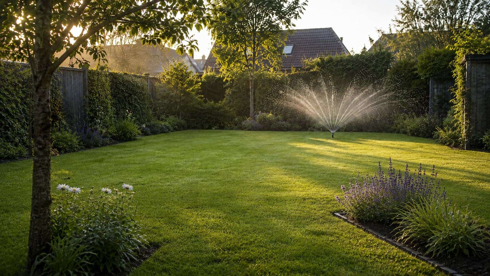 tuin sproeien in de vroege ochtend