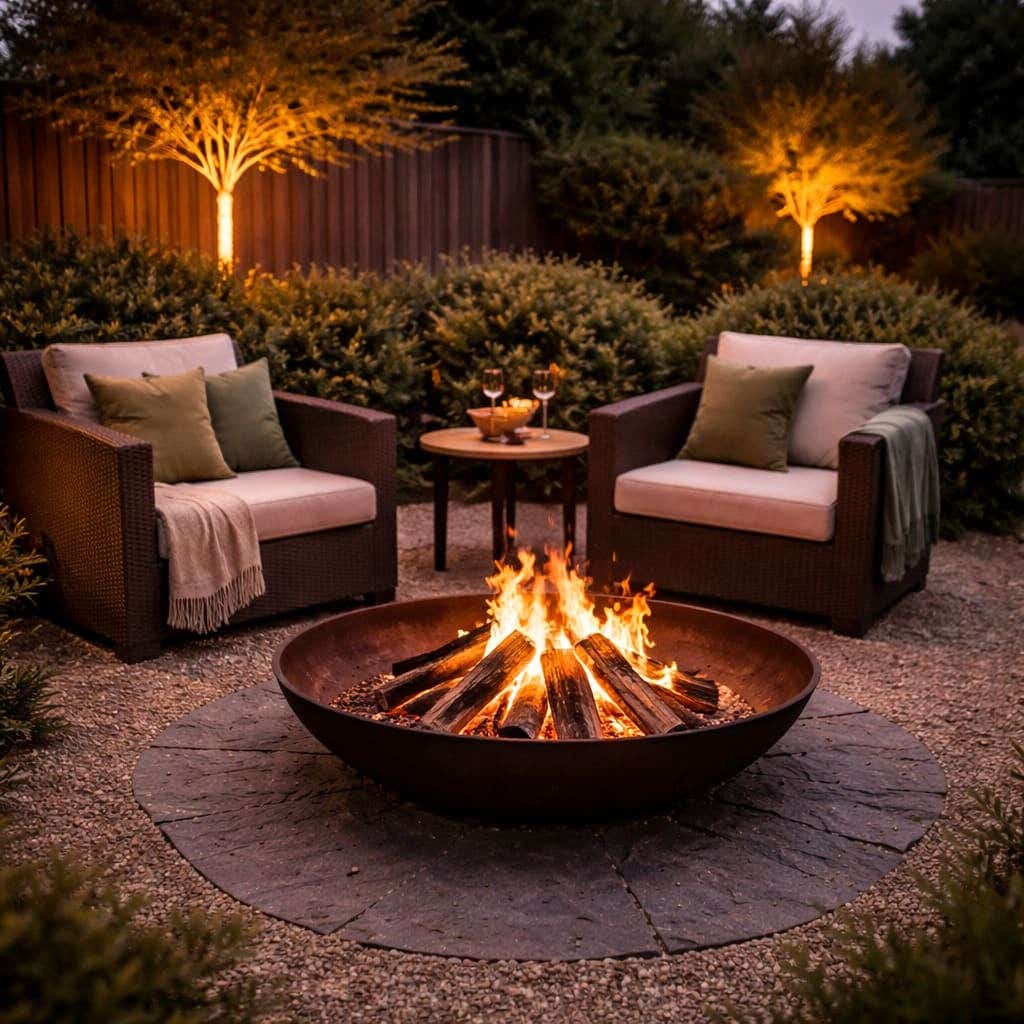 Tuin met brandende vuurkorf in sfeervolle setting