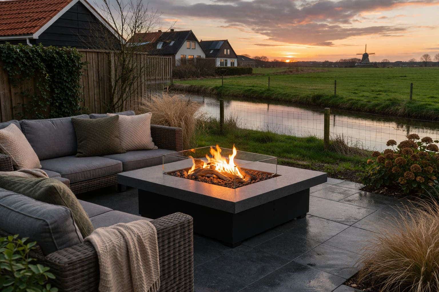 Achtertuin met sfeervolle tuinsetting met vuurtafel