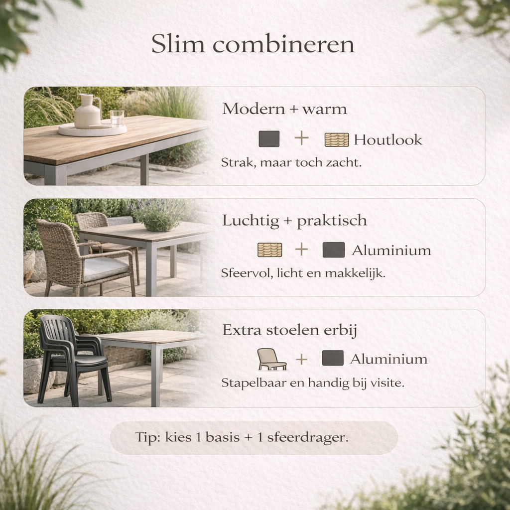 Visualisatie van tuinmeubelmaterialen combinaties en de sfeer die het geeft