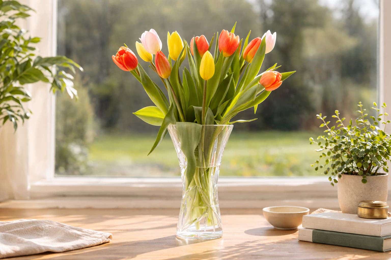 Tulpenboeket in glazen vaas op tafel