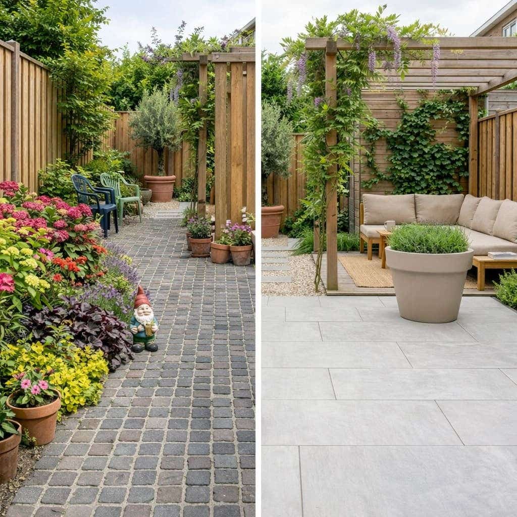 Kleine tuin met kleine stenen en veel kleuren versus kleine tuin met grote tegels en neutrale kleuren