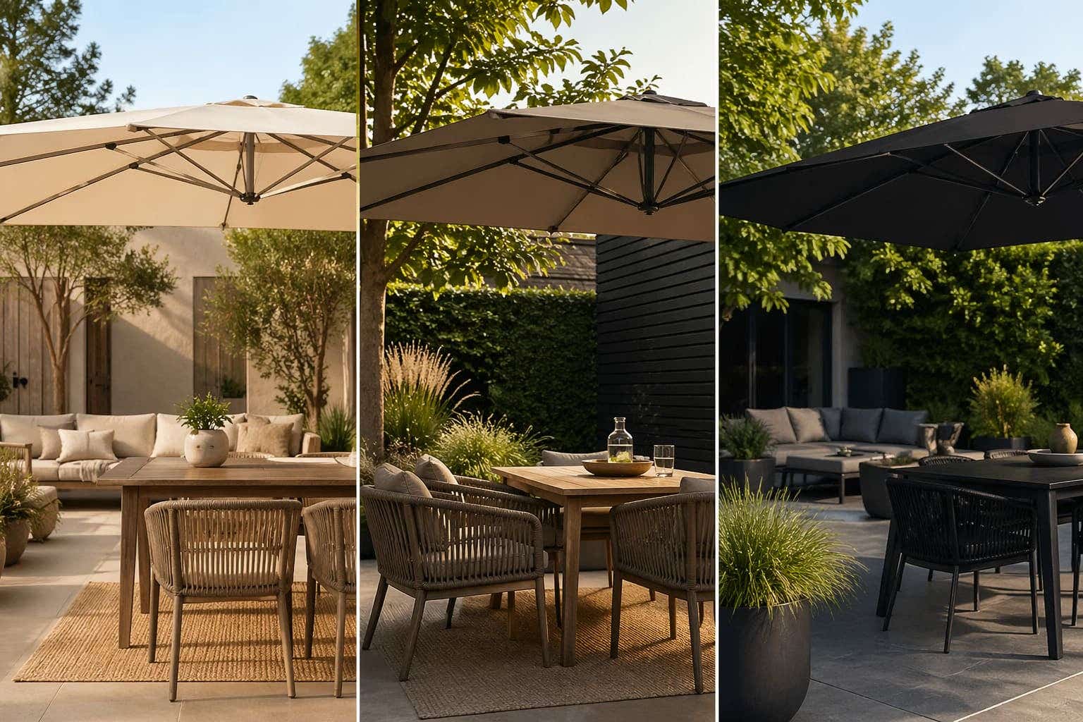 Zand versus taupe versus zwarte parasol in verschillende settings