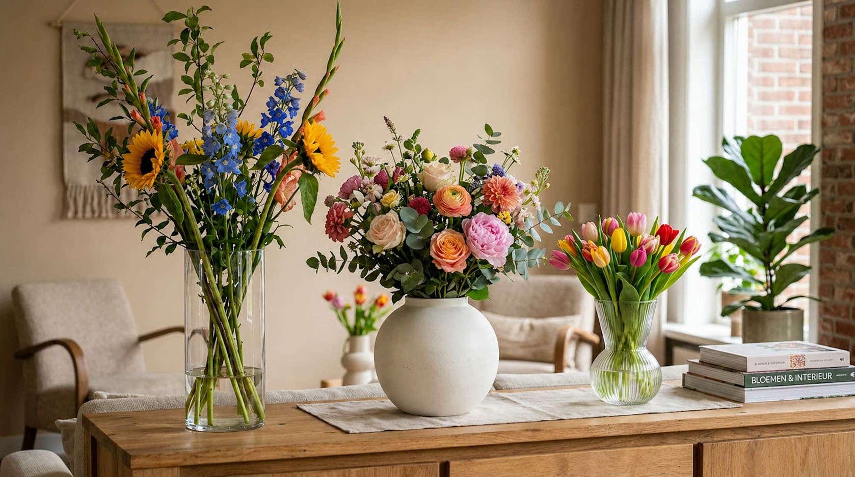 Diverse vazen met bloemen op een dressoir in een woonkamer