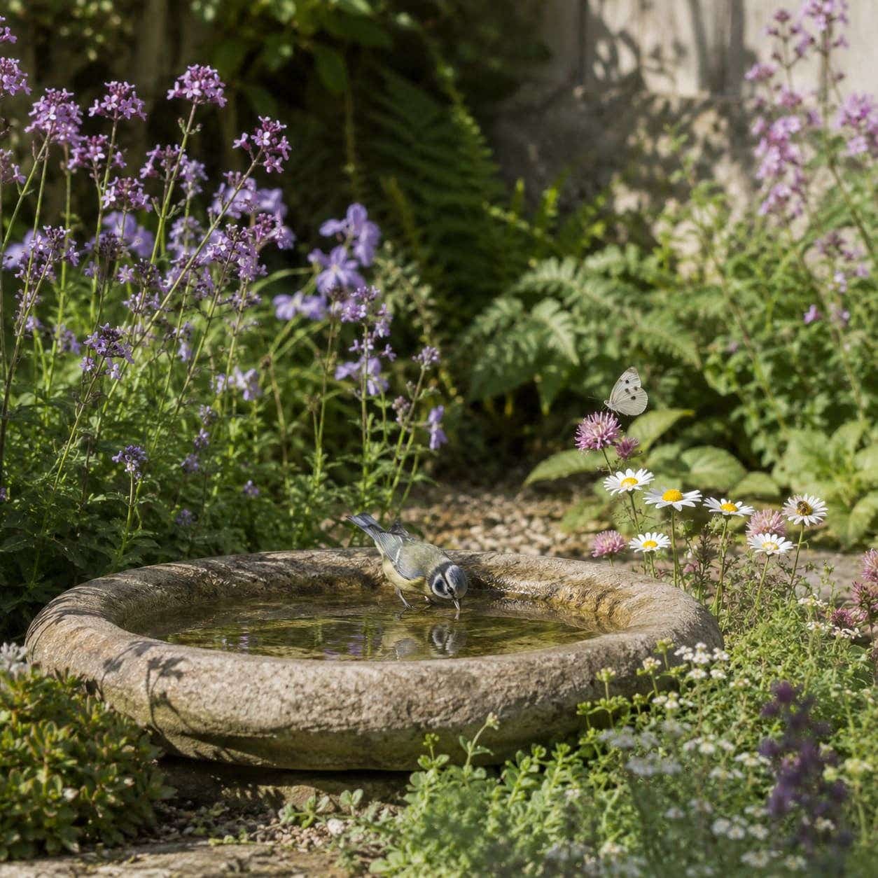 Vogelbad in een biodiverse tuin met bloemen en drinkplek voor vogels