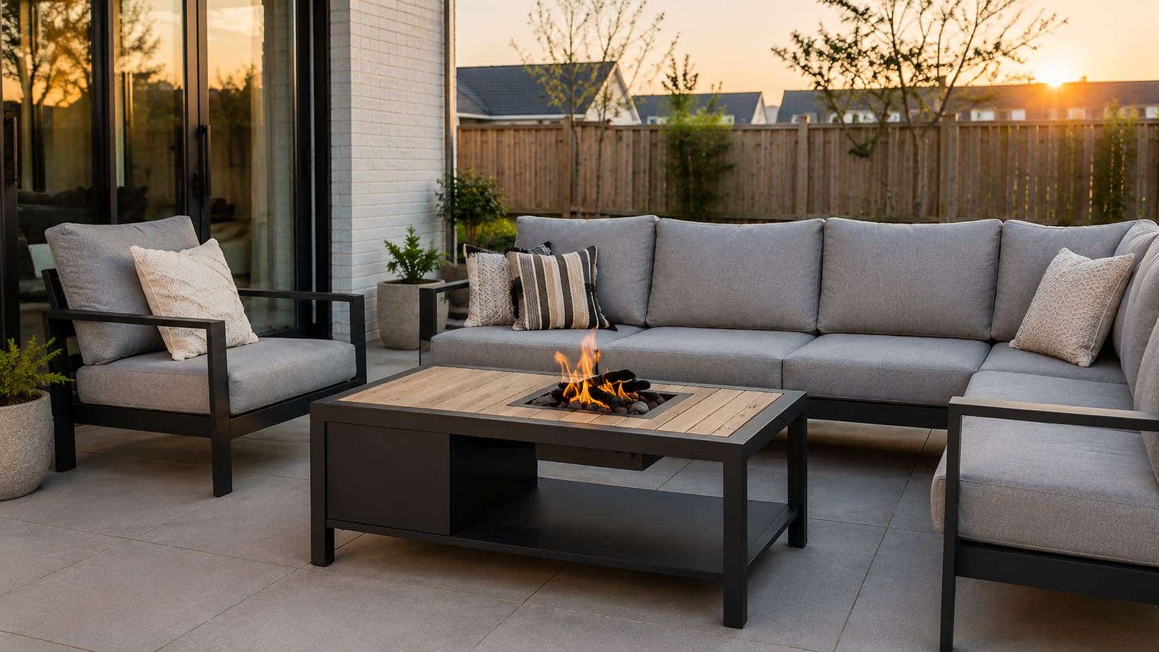 vuurtafel in loungehoek op terras met zonsondergang