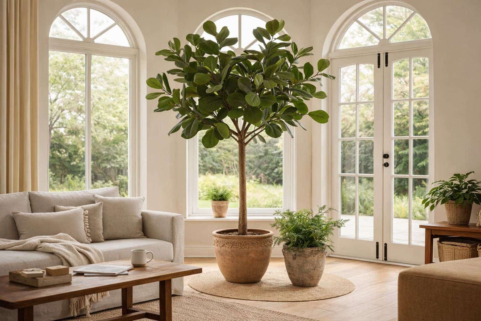 Sfeervolle woonkamer met diverse kunstplanten