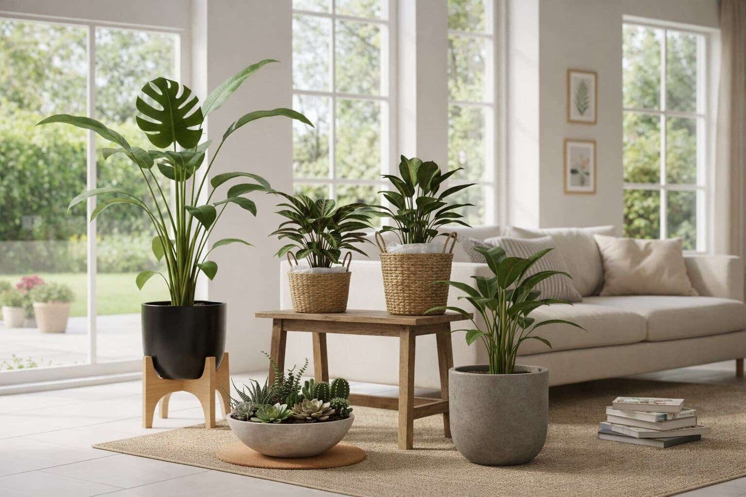 Woonkamer met diverse kamerplanten in verschillende potten