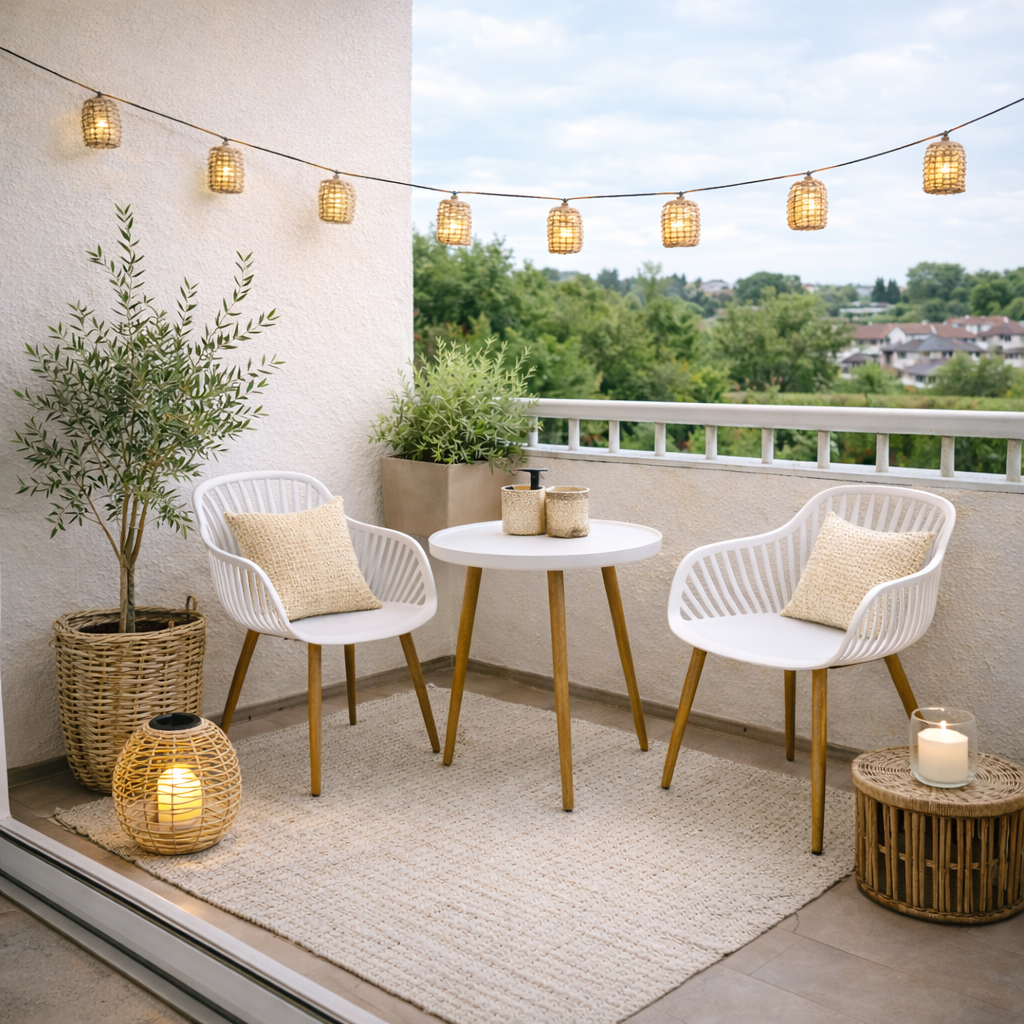 Knus balkon met Ibiza stijl tuinmeubelen en accessoires