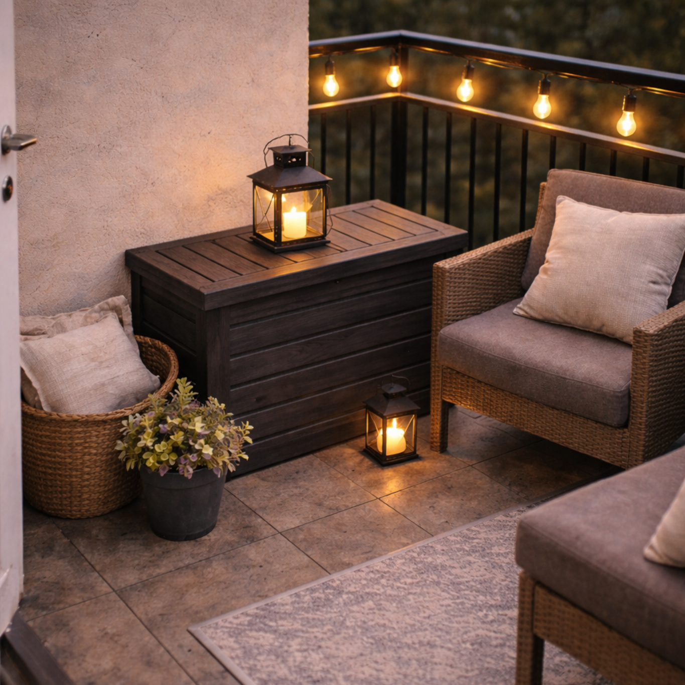 Sfeervol balkon met opbergbox 