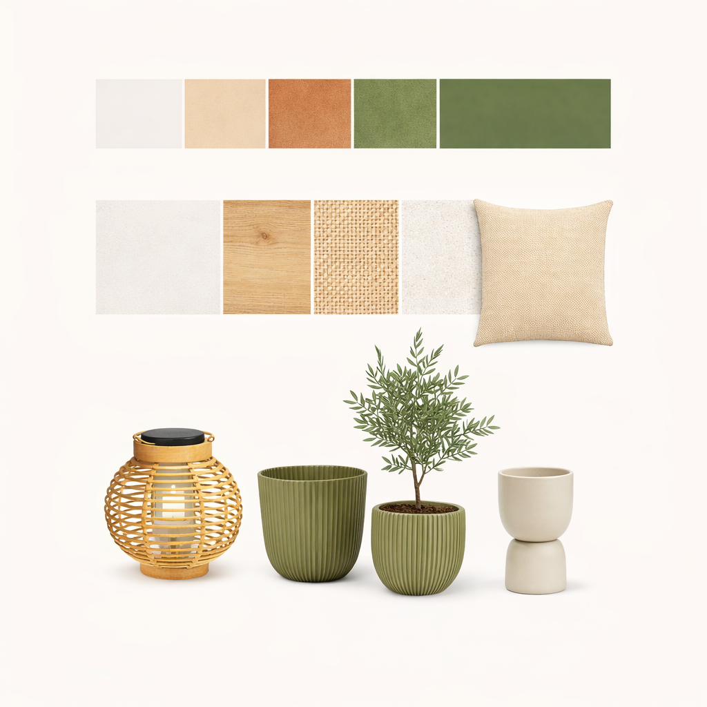 Moodboard Ibiza-stijl tuin met kleuren en materialen en producten
