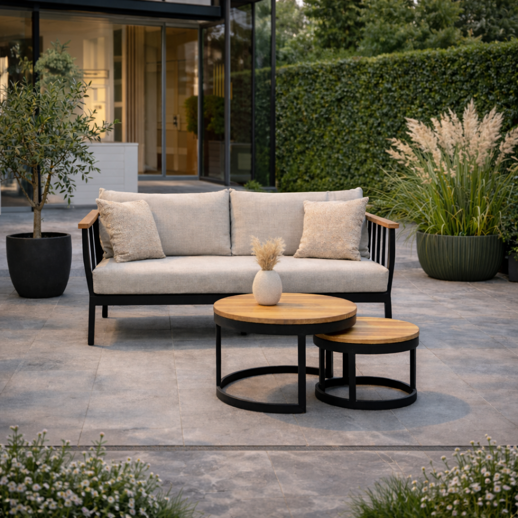 Tuin met modern Ibiza stijl met tuinbank en bijzettafeltjes