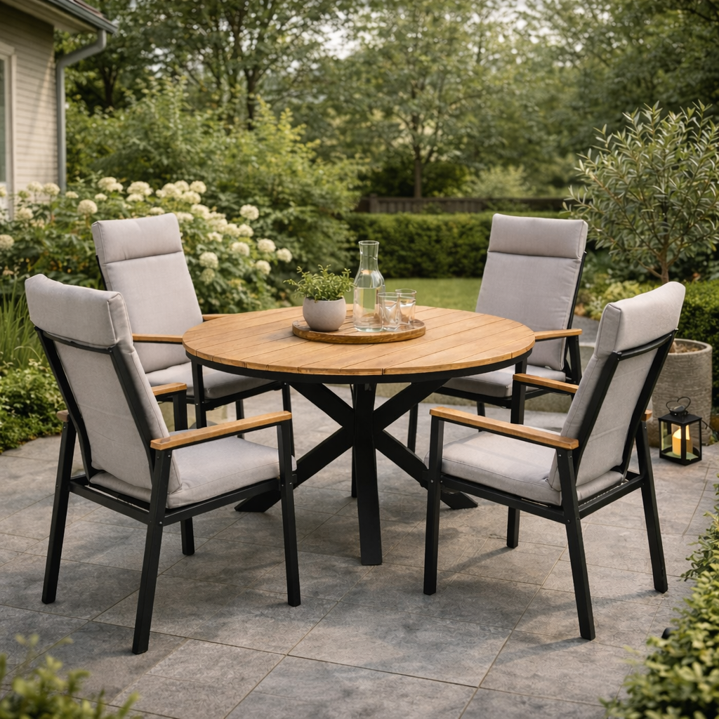 Moderne tuinset met zwart metaal en houtaccenten in sfeervolle tuin