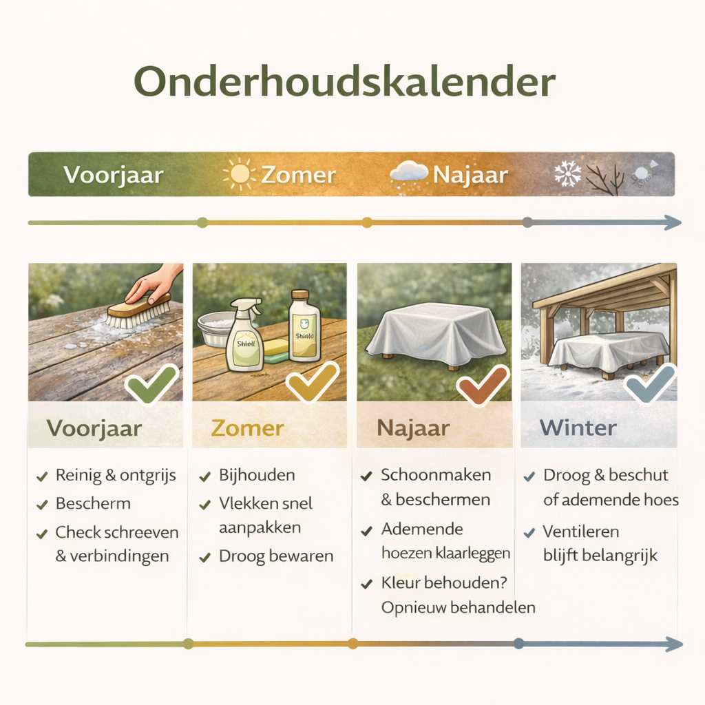Onderhoudskalender jaarrond voor het schoonmaken van houten tuinmeubelen