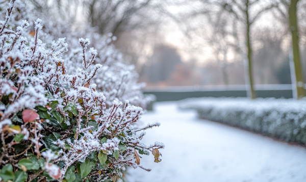  Een gedetailleerde, close-up foto van een haag die bedekt is met rijp en sneeuw. De haag staat langs een besneeuwd pad en op de achtergrond zijn vaag meer besneeuwde heggen, bomen en een park te zien. De lucht is zacht en grijs.